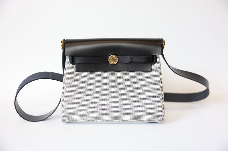 Hermes Herbag 20, Ecru and Black H Viking Canvas, Black Noir Vache Hunter with Gold Hardware, New in Box WA001
