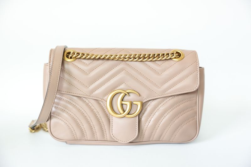 Gucci Marmont Flap Medium, Nude Beige Leather with Gold Hardware, Preowned in Dustbag WA001