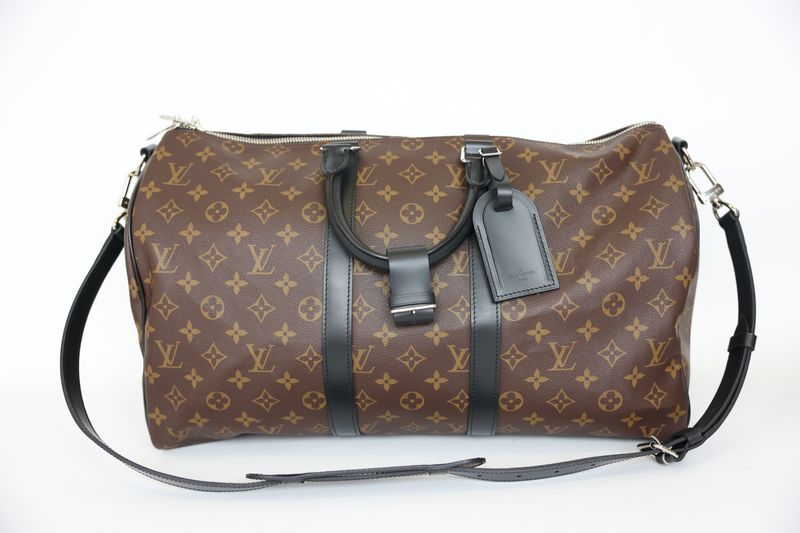Louis Vuitton Keepall Bandouliere 45, Monogram Macassar Coated Canvas and Black Leather Trim with Silver Hardware, Preowned in Dustbag WA001