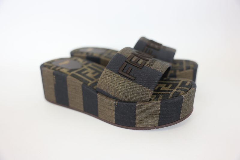 Fendi Shoes, Fendi Sunshine Flatform Slides Size 37.5, Tabacco Brown Fabric Pequin Stripes with FF Jacquard, New in Box WA001