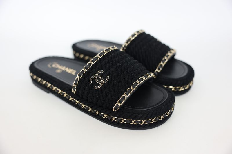 Chanel Shoes, Mules Size 39, Black Rope and with Gold Hardware, New in Box WA001
