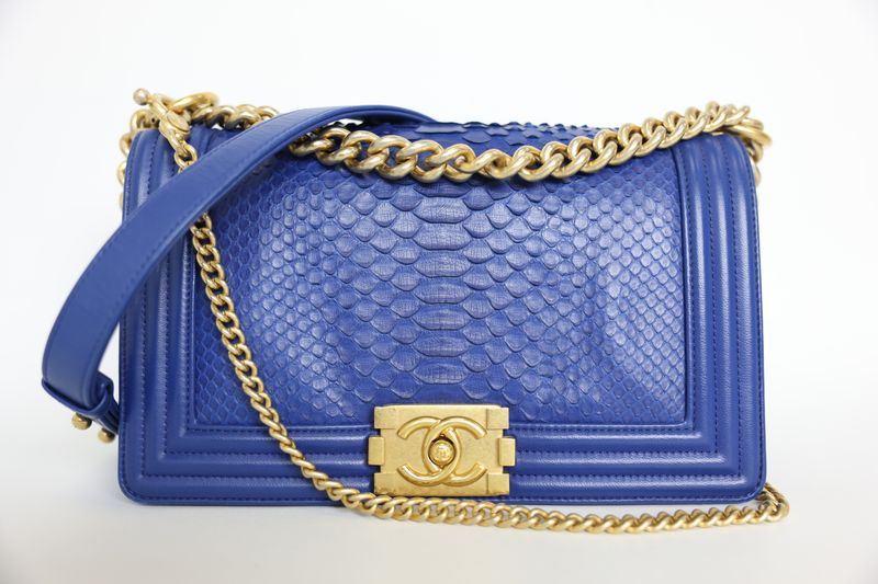 Chanel Boy Medium, Blue Python Snakeskin with Gold Hardware, Preowned in Box WA001