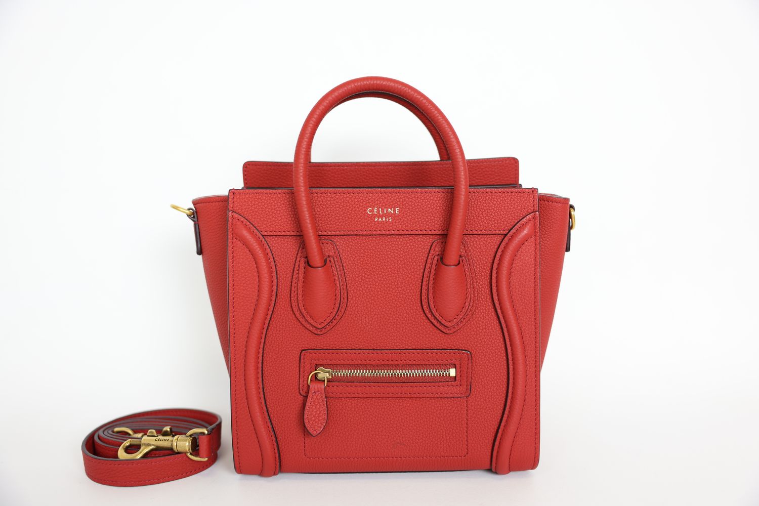 Celine Luggage Nano, Red Calfskin with Gold Hardware, Preowned in Dustbag WA001