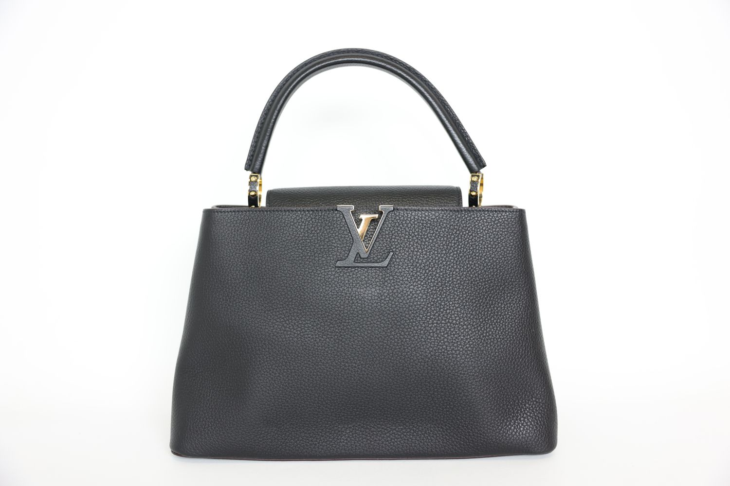 Louis Vuitton Capucines GM, Black and Fuchsia Taurillon Leather with Gold Hardware, Preowned in Dustbag WA001