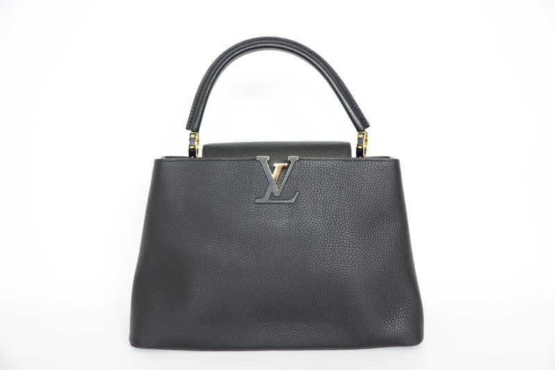 Louis Vuitton Capucines GM, Black and Fuchsia Taurillon Leather with Gold Hardware, Preowned in Dustbag WA001
