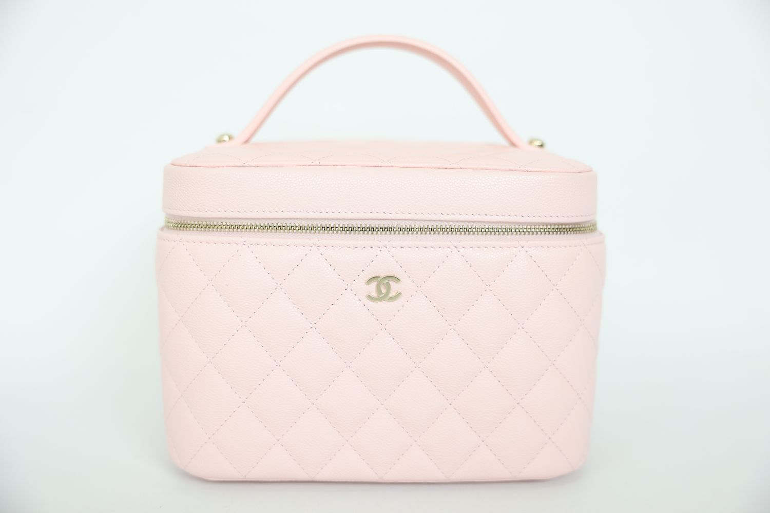 Chanel Caviar Quilted Large, Vanity Pouch Cosmetic Case with Top Handle, 25S Light Pink Caviar Leather Gold Hardware, New in Box WA001