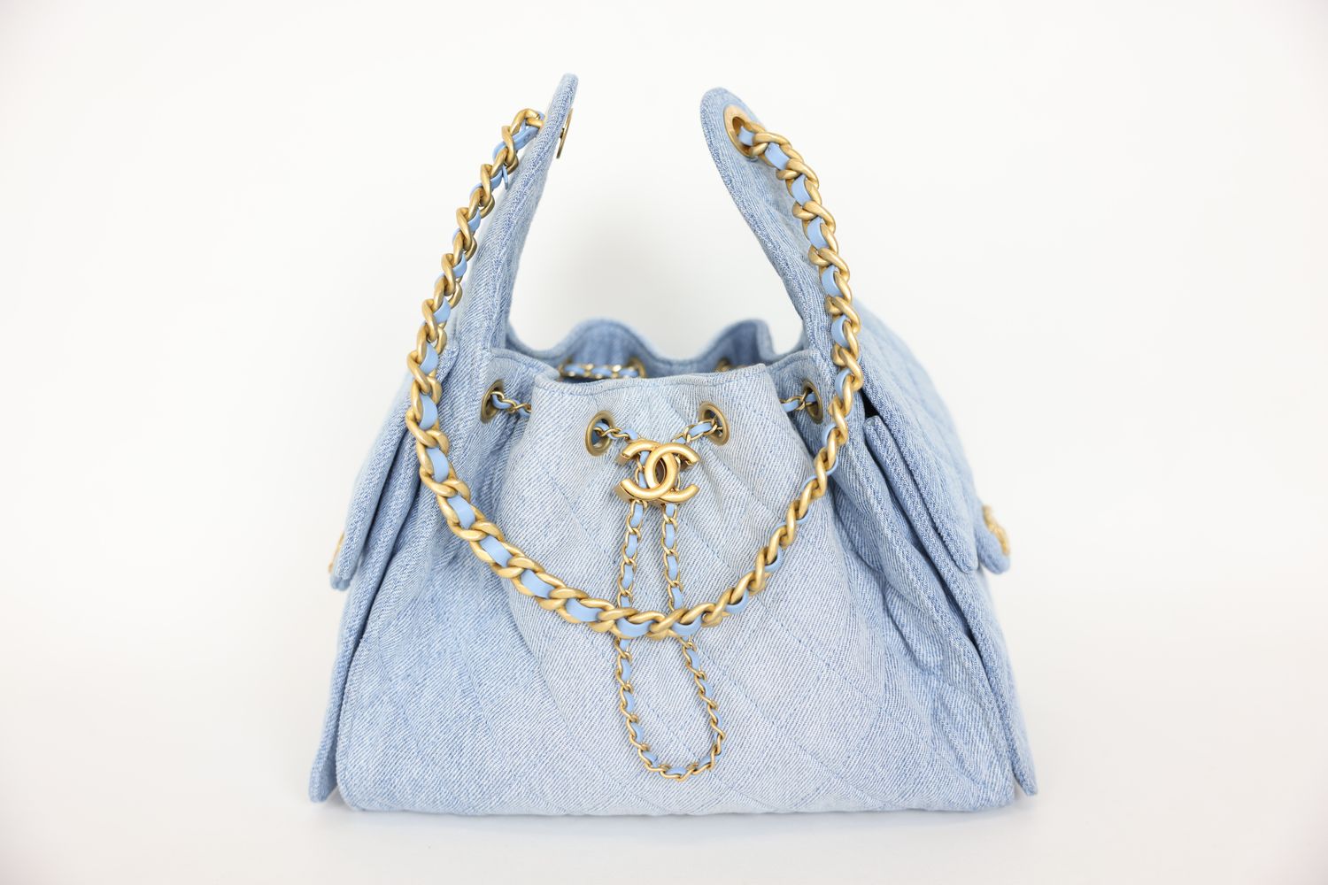 Chanel 25 Small Handbag, Blue Quilted Denim with Gold Hardware, New No Dustbag WA001