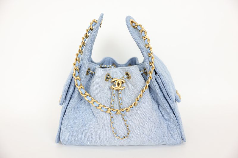 Chanel 25 Small Handbag, Blue Quilted Denim with Gold Hardware, New No Dustbag WA001