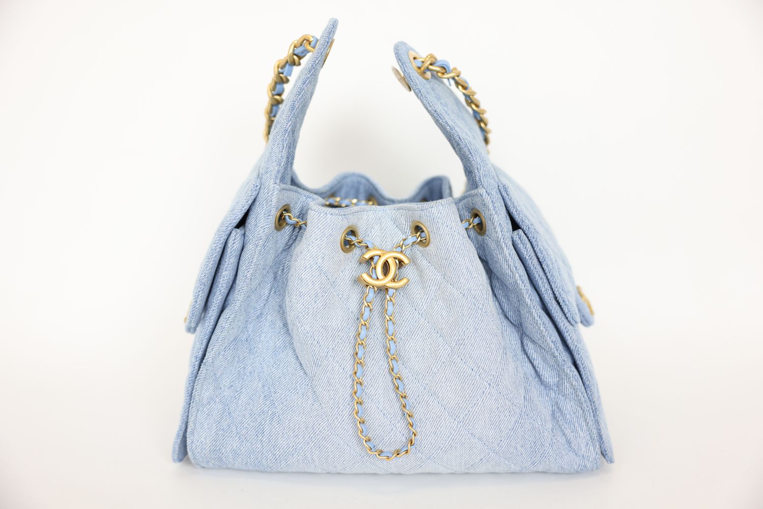 Chanel 25 Small Handbag, Blue Quilted Denim with Gold Hardware