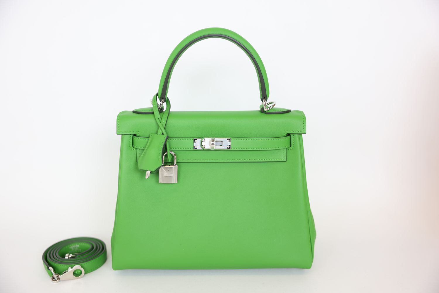 Hermes Kelly II Retourne 25, Vert Yucca (Green) Swift Calfskin with Palladium Hardware, B 2023 Stamp, New in Box WA001
