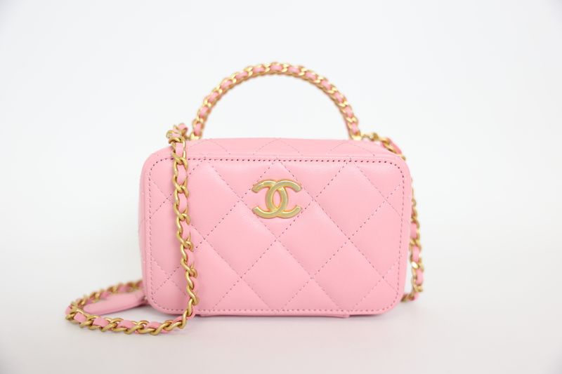 Chanel Vanity Case with Top Handle Mini, Pink Lambskin with Gold Hardware, Preowned in Dustbag WA001