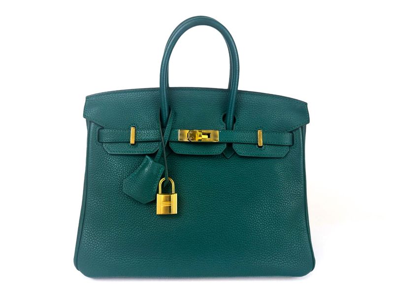 Hermes Birkin 25, Malachite, Gold Hardware, Stamp A, Preowned in Dustbag CMA001