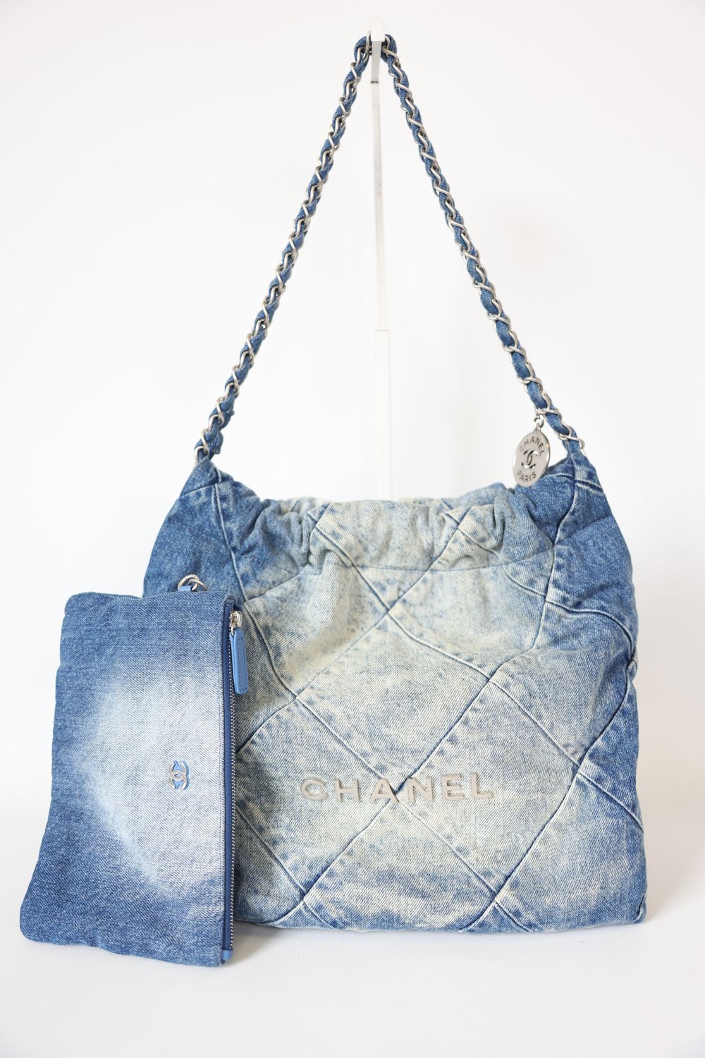 Chanel 22 Small, Blue Quilted Denim with Silver Hardware, Preowned No Dustbag WA001