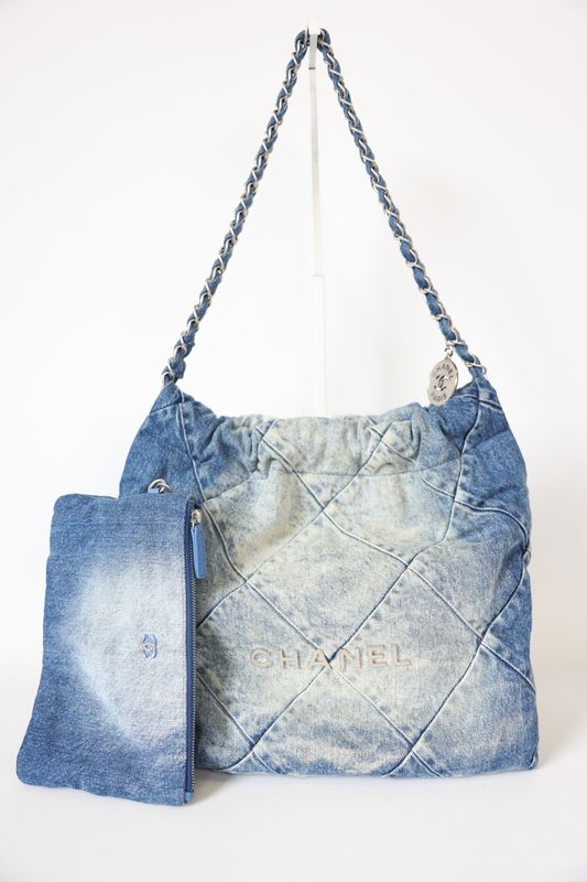 Chanel 22 Small, Blue Quilted Denim with Silver Hardware, Preowned No Dustbag WA001