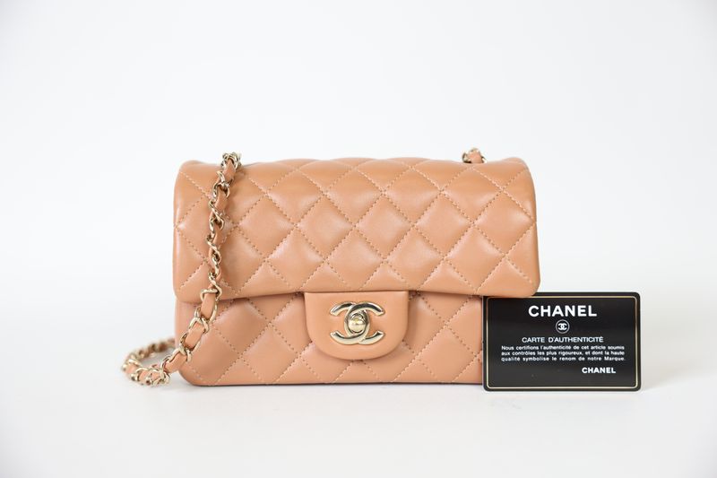 Chanel Classic Mini Rectangular, 21P Camel Brown Lambskin with Gold Hardware, Preowned in Box WA001