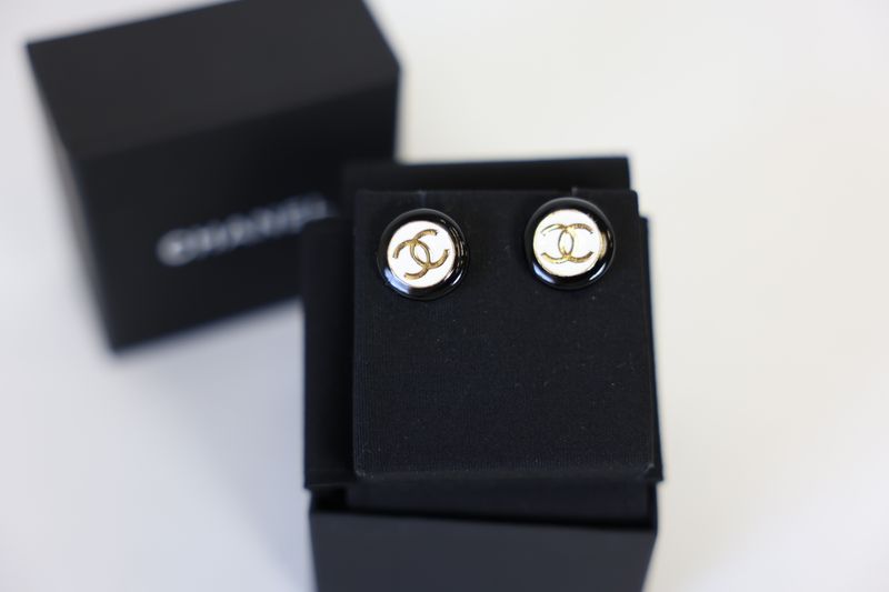 Chanel 24P CC Logo Stud Earrings, Black And White Enameled With Gold Hardware, Preowned in Box WA001