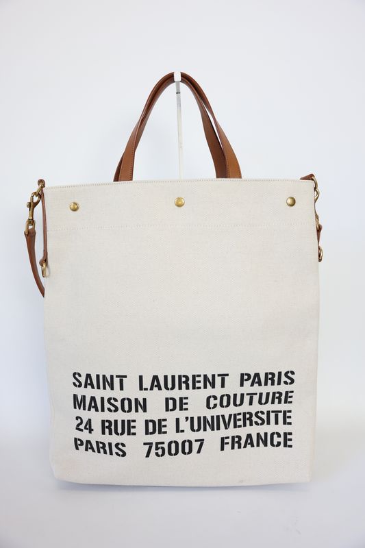 Saint Laurent Universite North South Foldable Tote, Naturel Brick Canvas and Smooth Calfskin, Preowned No Dustbag WA001