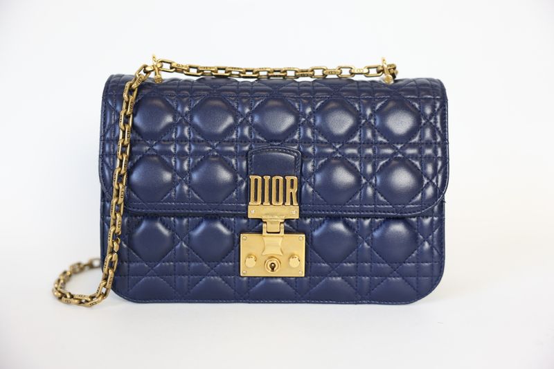 Christian Dior Dioraddict Flap Bag Medium, Indigo Blue Lambskin Cannage Leather with Gold Hardware, Preowned in Dustbag WA001