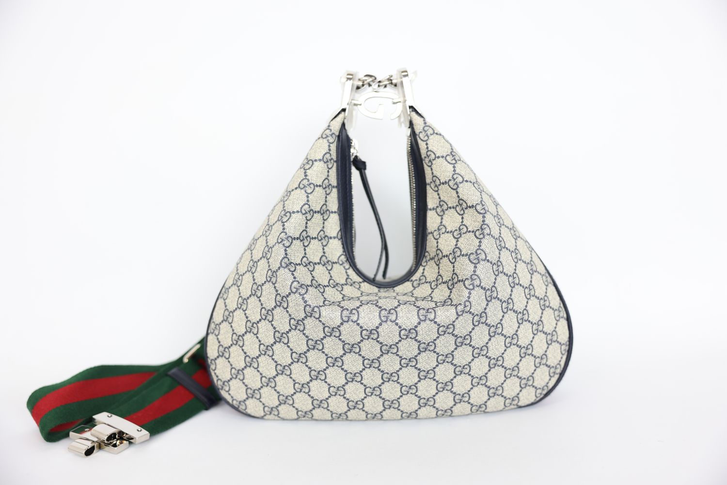 Gucci Large Attache Shoulder Bag, Beige GG Supreme Canvas with Blue Calfskin Trim and Silver Hardware, Preowned in Box WA001
