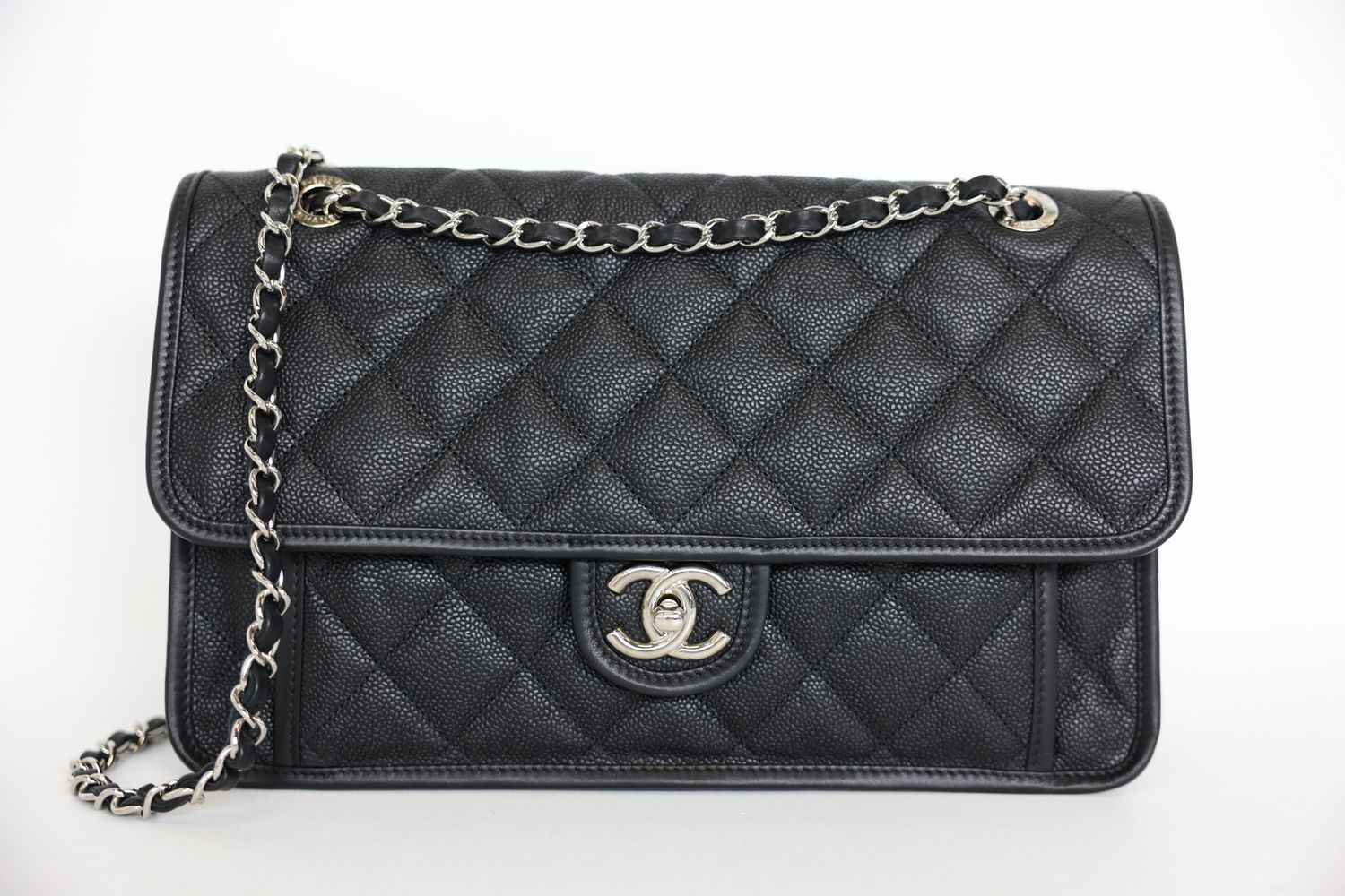Chanel French Riviera Flap Medium, Black Caviar Leather with Silver Hardware, Preowned in Box WA001