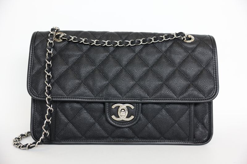 Chanel French Riviera Flap Medium, Black Caviar Leather with Silver Hardware, Preowned in Box WA001