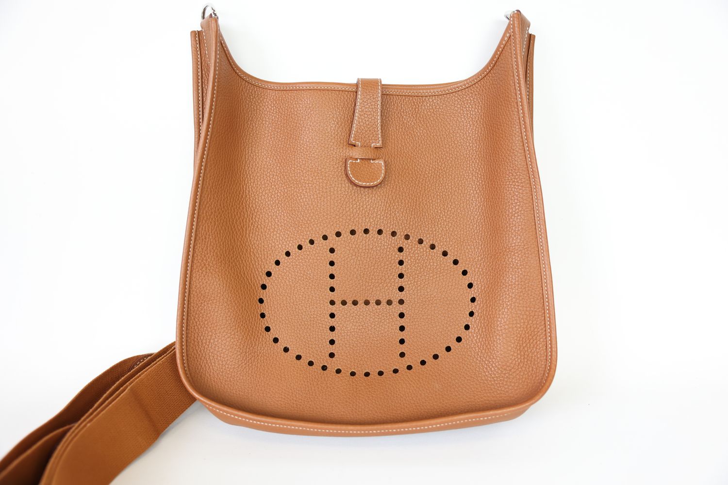 Hermes Evelyne III GM, Gold Clemence Leather with Palladium Hardware, A 2017 Stamp, Preowned in Box WA001