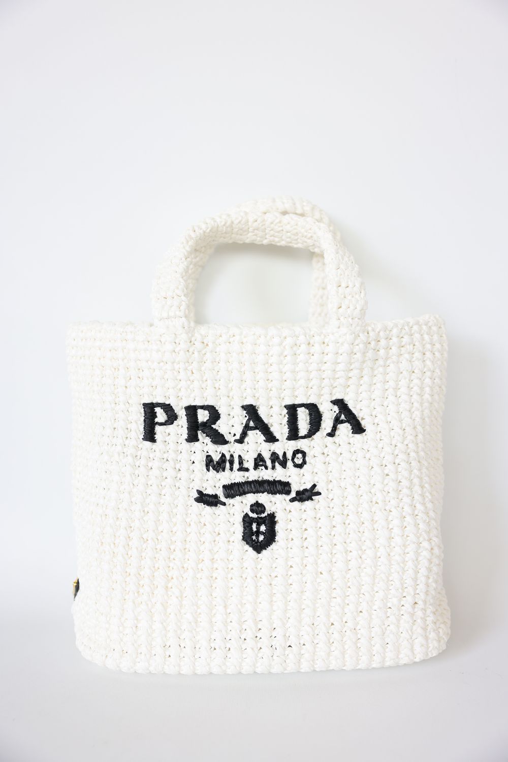 Prada Logo Tote Small, White and Black Raffia, Preowned in Dustbag WA001