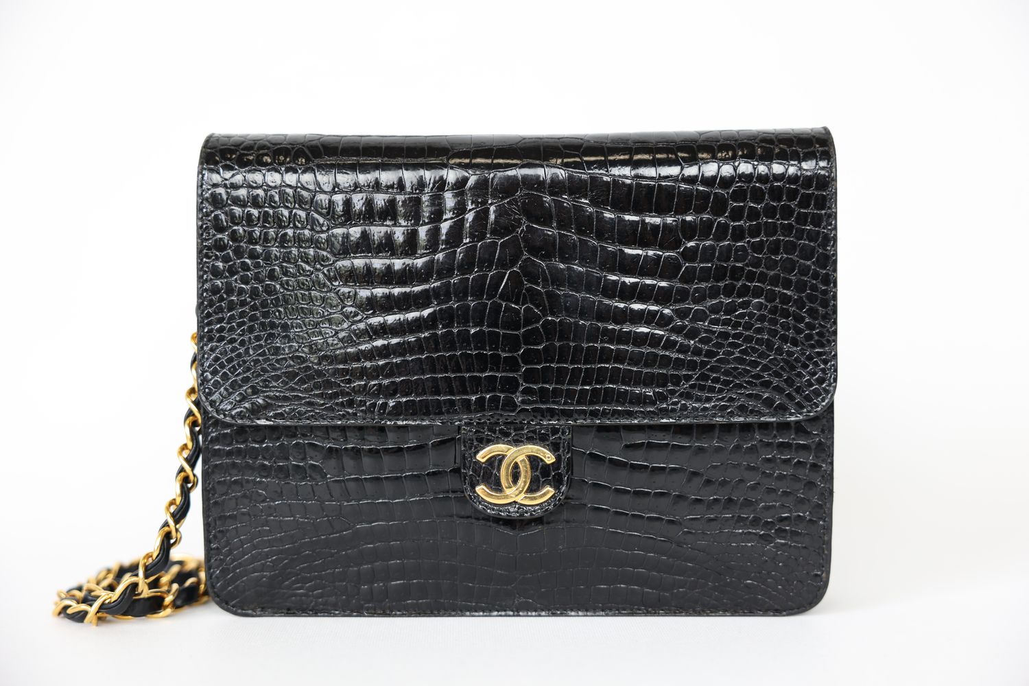 Chanel Vintage Single Flap Small, Black Shiny Crocodile with Gold Hardware, Preowned in Dustbag WA001
