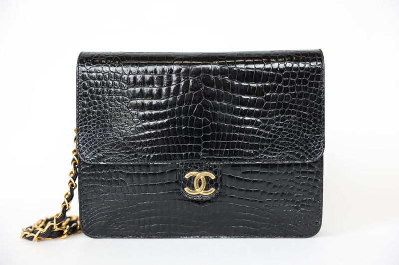 Chanel Vintage Single Flap Small, Black Shiny Crocodile with Gold Hardware, Preowned in Dustbag WA001