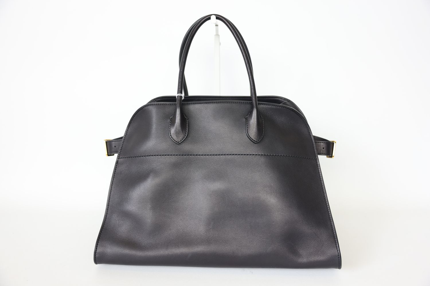 The Row Soft Margaux 15, Black Polished Saddle Calfskin with Gold Hardware, Preowned in Dustbag WA001