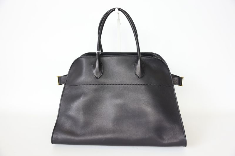 The Row Soft Margaux 15, Black Polished Saddle Calfskin with Gold Hardware, Preowned in Dustbag WA001