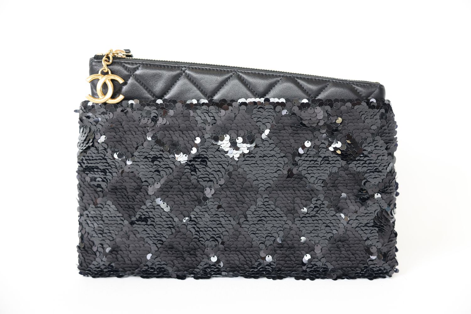 Chanel Asymmetrical Clutch, 20S Black Sequin Lambskin with Gold Hardware, Preowned in Box WA001
