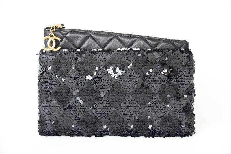 Chanel Asymmetrical Clutch, 20S Black Sequin Lambskin with Gold Hardware, Preowned in Box WA001