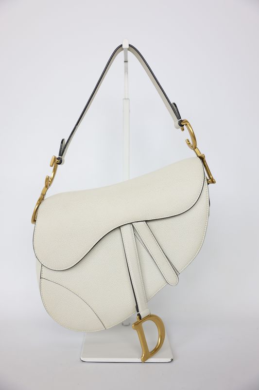 Dior Saddle Bag with Strap Medium, White Calfskin with Gold Hardware, Preowned in Dustbag WA001