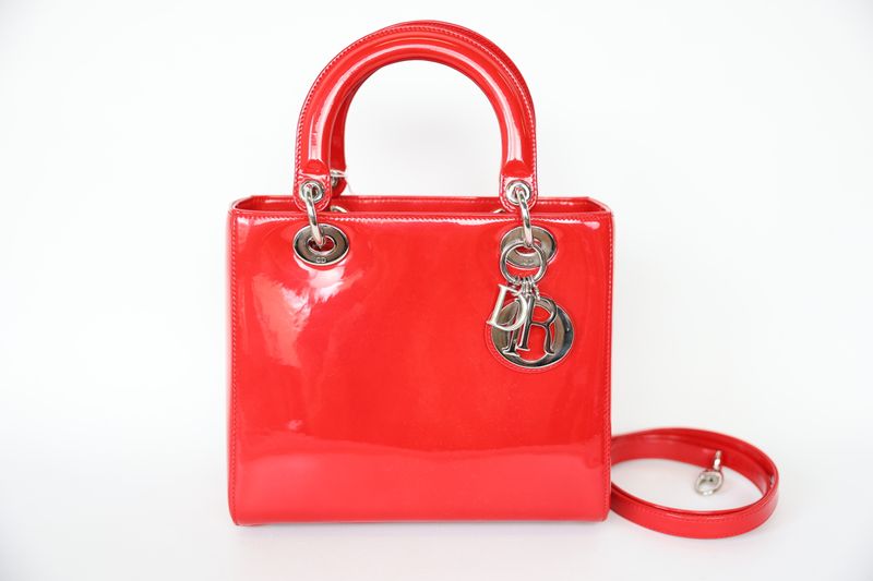 Christian Dior Lady Dior Medium, Red Patent with Silver Hardware, Preowned No Dustbag WA001