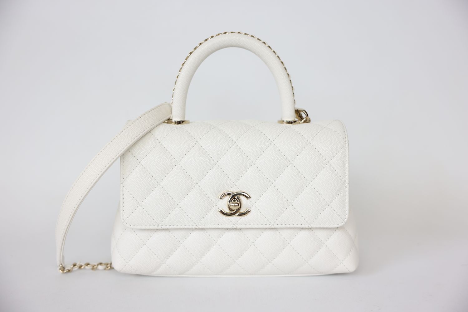 Chanel Mini Coco Chain Handle Flap Mini, White Caviar Leather with Gold Hardware, Preowned in Box WA001