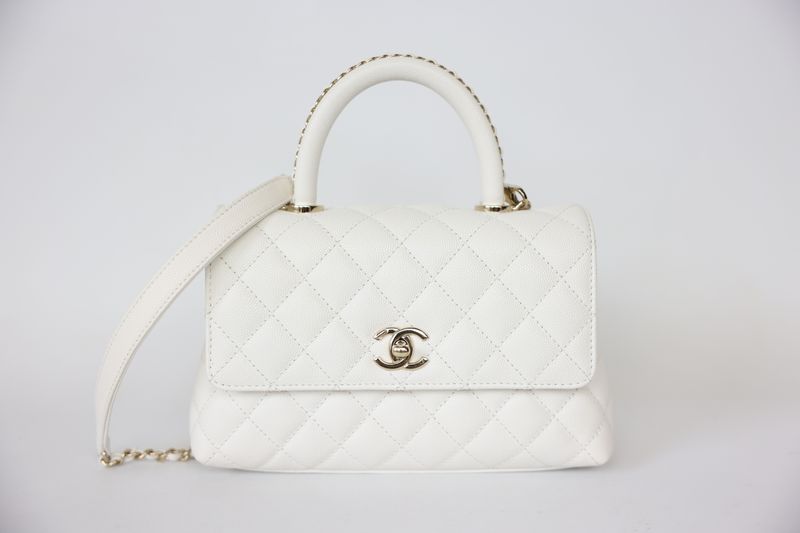 Chanel Mini Coco Chain Handle Flap Mini, White Caviar Leather with Gold Hardware, Preowned in Box WA001