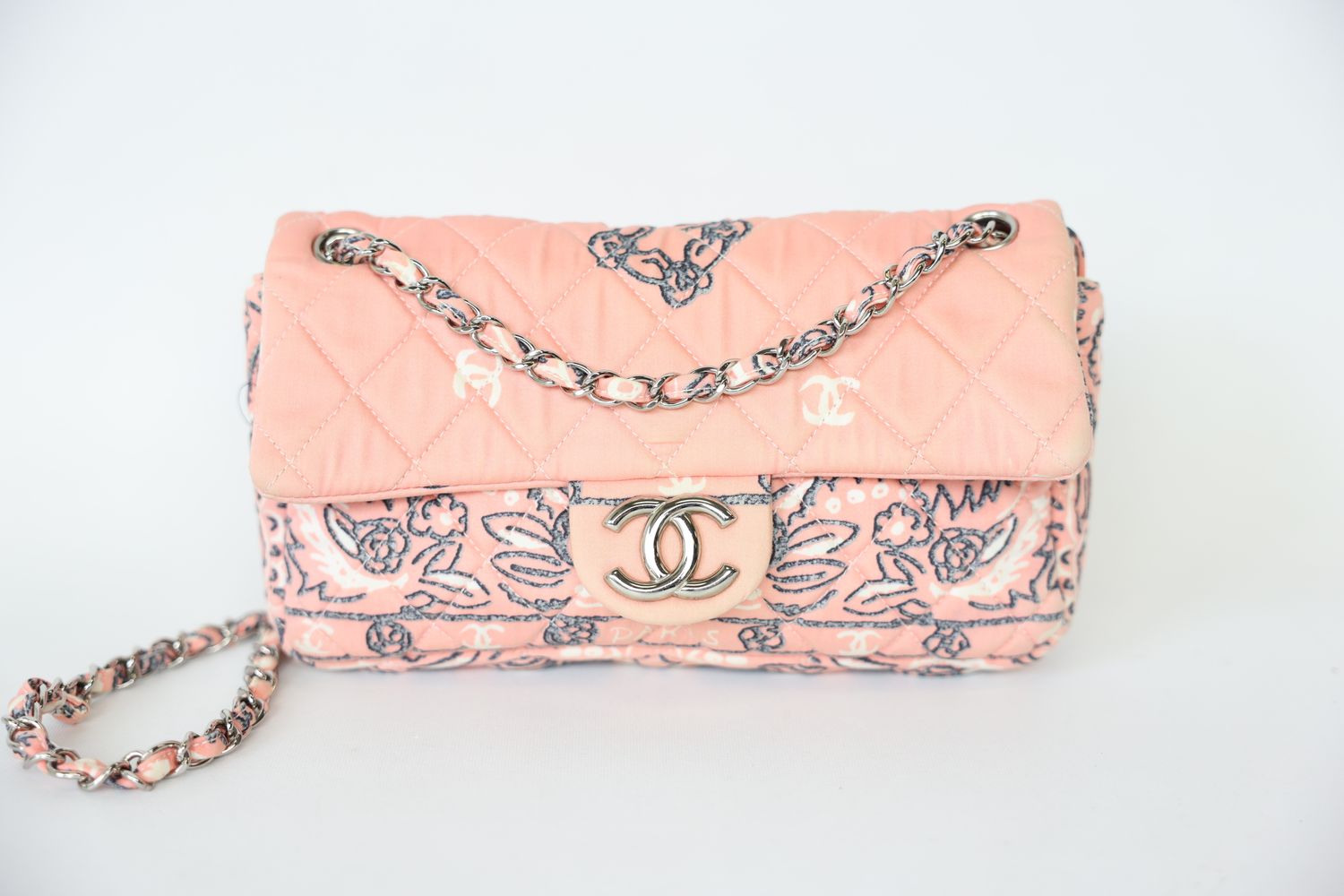 Chanel Bandana Single Flap, Pink Canvas with Silver Hardware, Preowned No Dustbag WA001