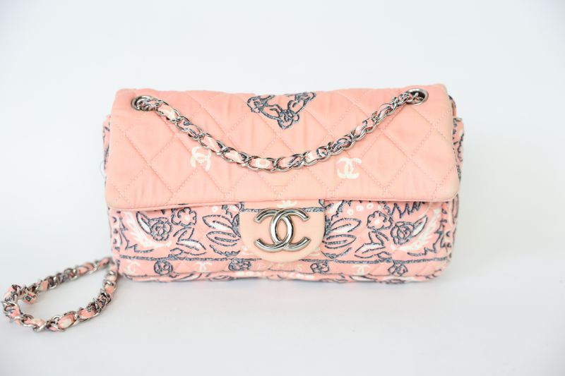 Chanel Bandana Single Flap, Pink Canvas with Silver Hardware, Preowned No Dustbag WA001