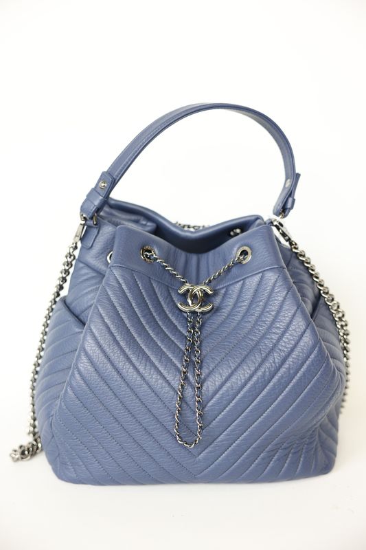 Chanel Chain Bucket Drawstring, Blue Deerskin Ruthenium, Preowned in Box WA001