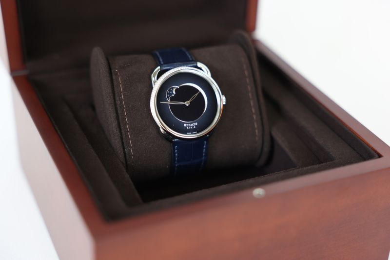 Hermes Arceau Petite Lune Watch Size 38mm, Blue Croc and Stainless Steel with Diamonds Sapphire Crystal, Preowned in Box WA001
