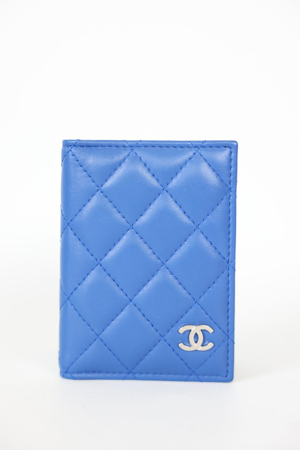 Chanel Card Holder Wallet, Blue Lambskin Quilted Silver Hardware, Preowned in Box WA001