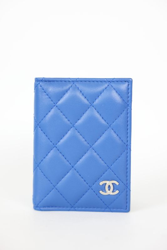 Chanel Card Holder Wallet, Blue Lambskin Quilted Silver Hardware, Preowned in Box WA001