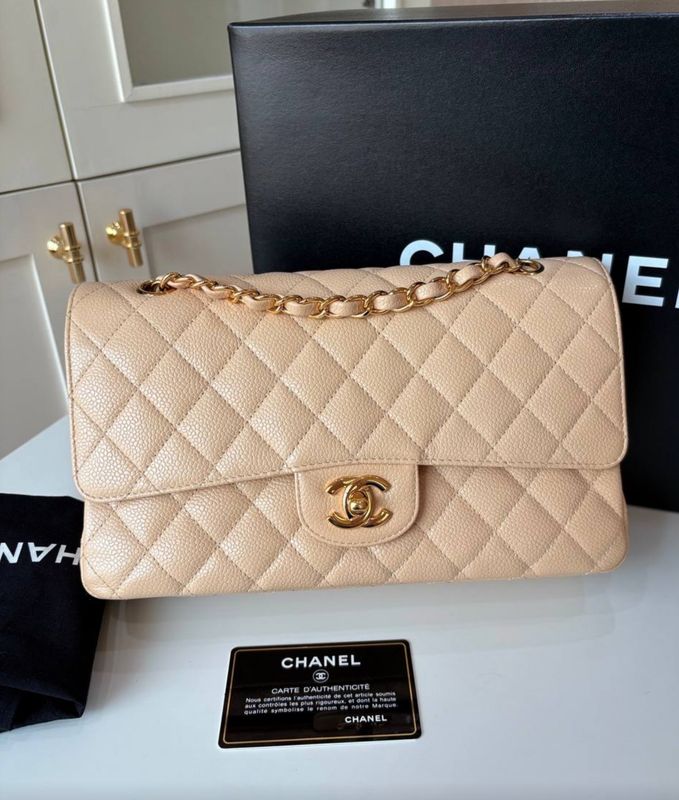 Preorder Chanel Medium Classic Flap, Beige Caviar Leather, Gold Hardware, 14 Series, Preowned in Box CC001