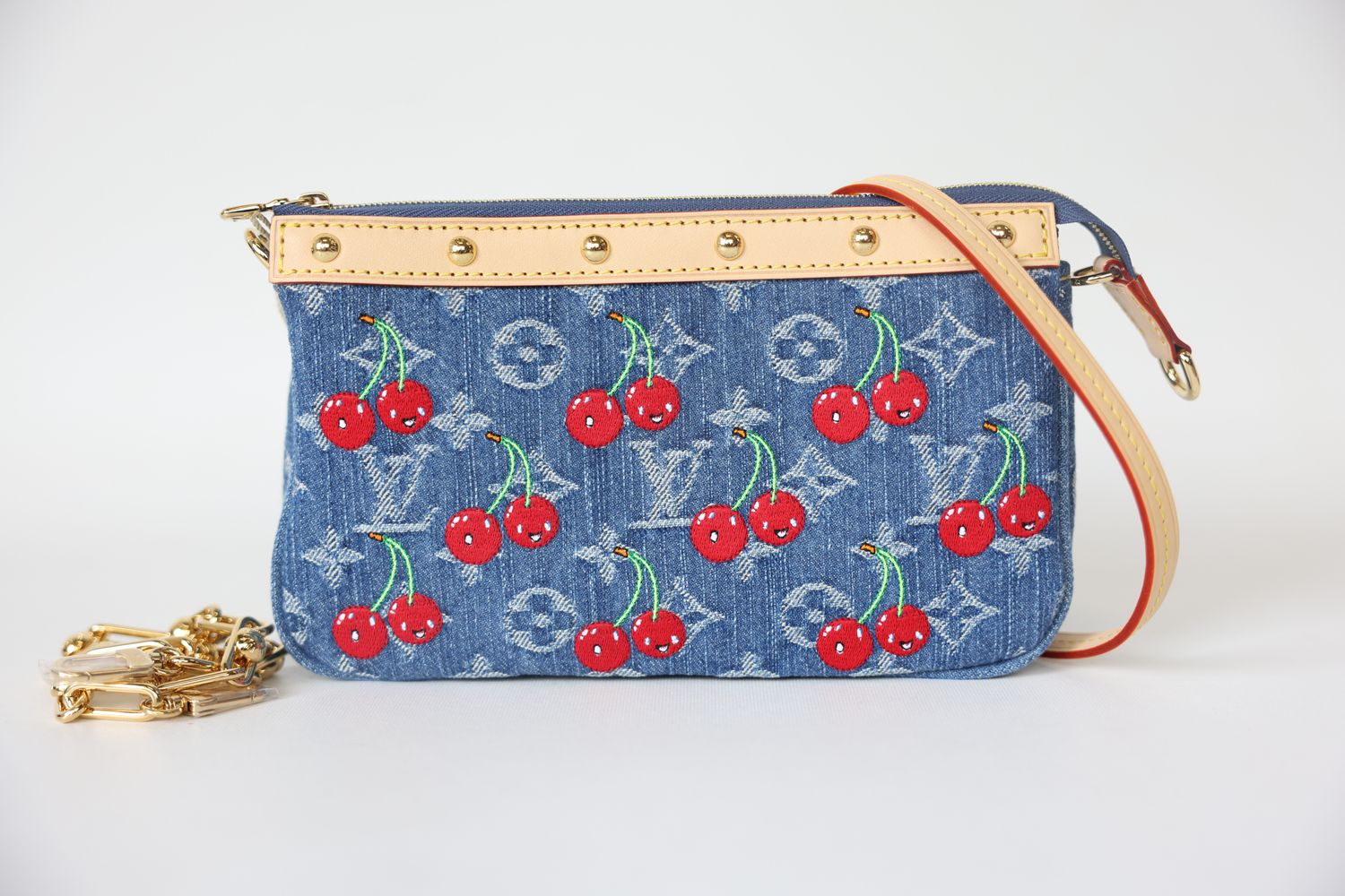 Louis Vuitton X TM Murakami Cherries Pochette Accessoires, Monogram Denim Canvas with Gold Hardware, New in Box WA001