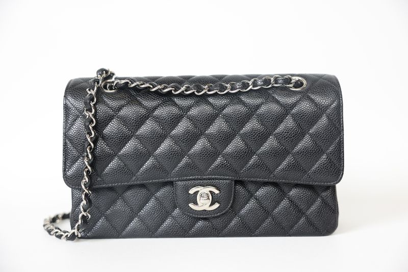 Chanel Classic Double Flap Medium, Black Caviar Leather with Silver Hardware, Preowned in Box WA001