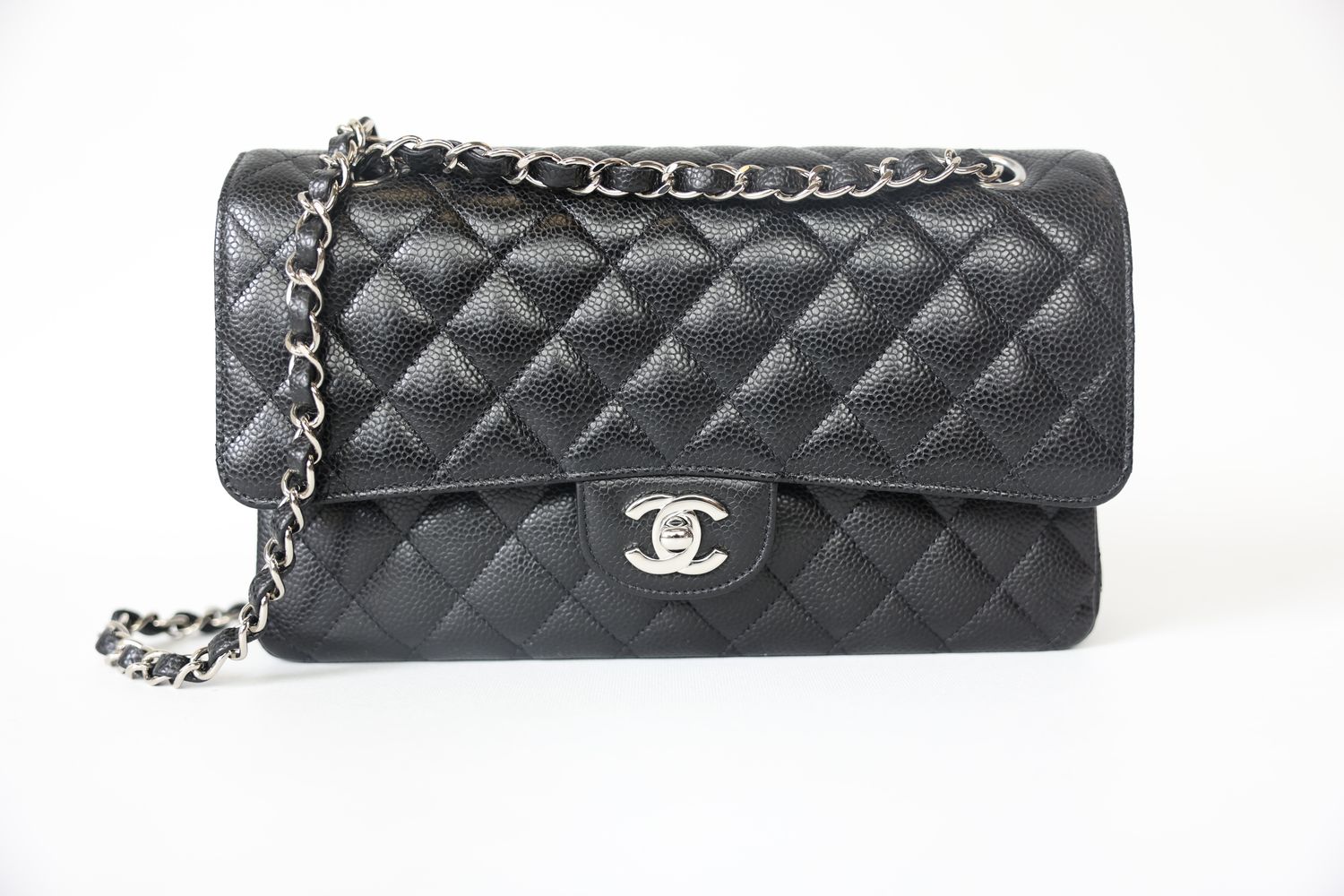 Chanel Double Flap Medium, Black Caviar Leather with Silver Hardware, Preowned in Box WA001