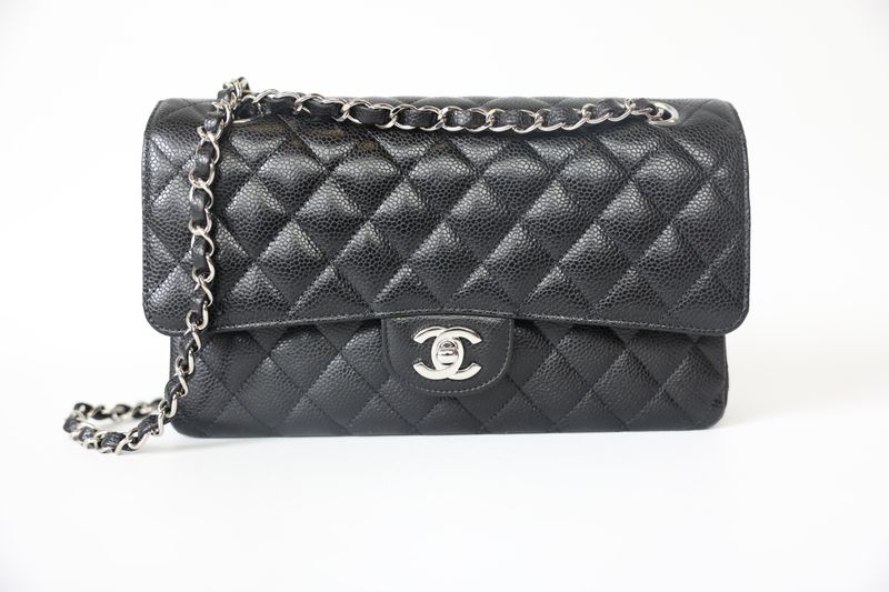 Chanel Double Flap Medium, Black Caviar Leather with Silver Hardware, Preowned in Box WA001