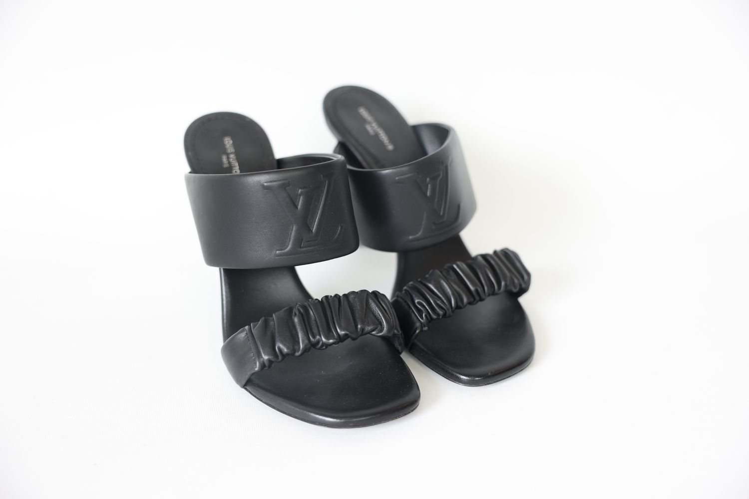 Louis Vuitton Drapy Heel Mules Size 38, Black  Lambskin Leather with Gold Hardware, New in Box WA001