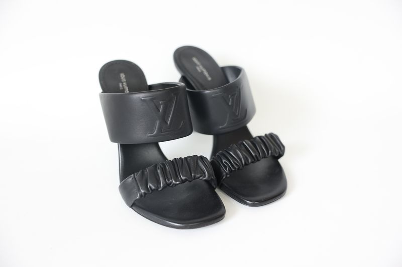 Louis Vuitton Drapy Heel Mules Size 38, Black  Lambskin Leather with Gold Hardware, New in Box WA001
